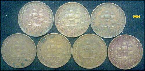 1955 SAU half pennies. 1/2D. ( 7 available to use as fillers. F grade)