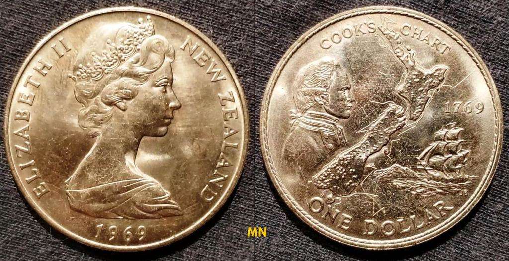 New Zealand 1 Dollar - Elizabeth II 2nd Portrait, Cook`s Voyage - 1969 - Commemorative issue