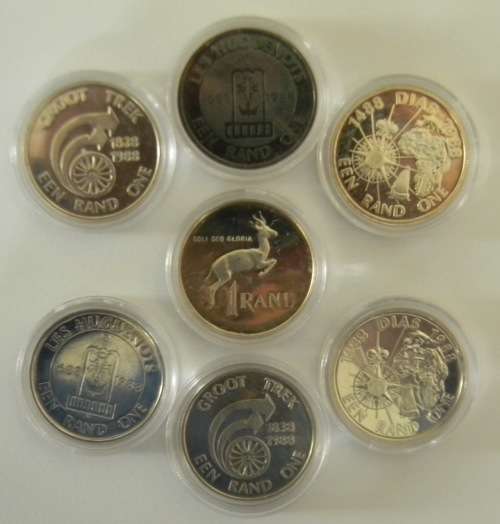 South Africa Encapsulated set of 7 x different 1988 Silver R1's - Complete PROOF and UNC