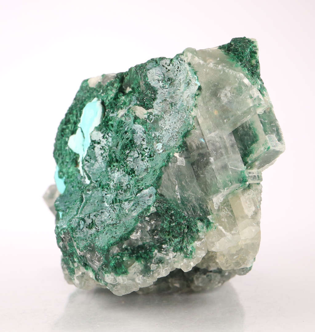 Calcite on Malachite, Mashamba West Mine, DRC