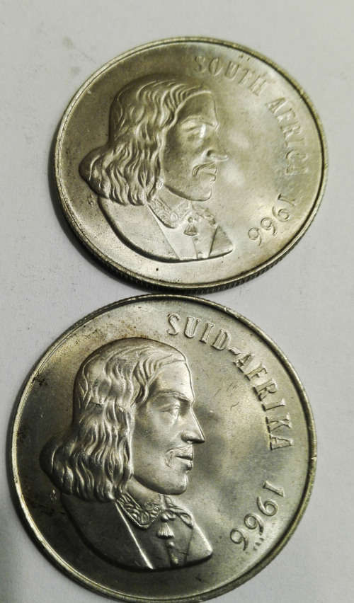TWO SILVER ONE RAND COINS. 1966.