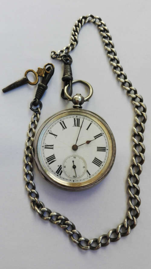 1880's--1890's SILVER POCKET WATCH AND FOB CHAIN.