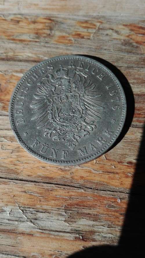FUNF[5] MARK. 1876 SILVER GERMAN COIN.