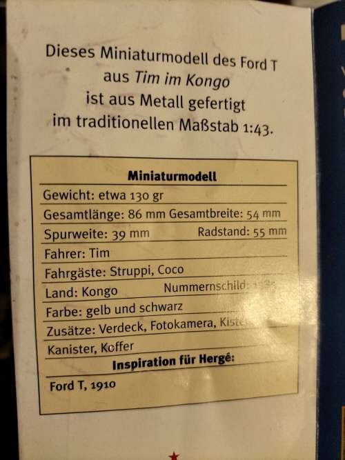 MODEL TOY. MODEL `T` FORD TINTIN AU CONGO.HERGE. . DIE CAST METAL. 1:43.