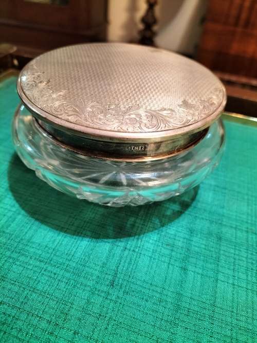 ANTIQUE CRYSTAL GLASS BOWL AND STERLING SILVER LID.
