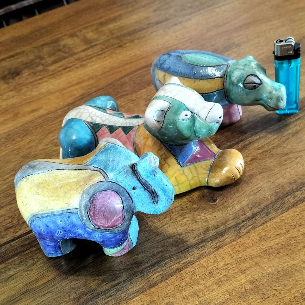 THREE, `S. A.` RAKU CERAMIC FIGURINES.