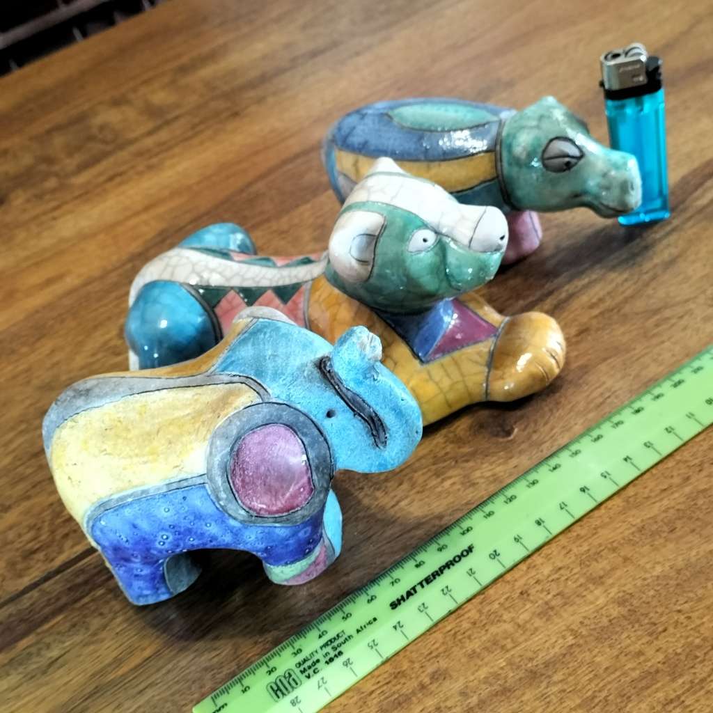 THREE, `S. A.` RAKU CERAMIC FIGURINES.