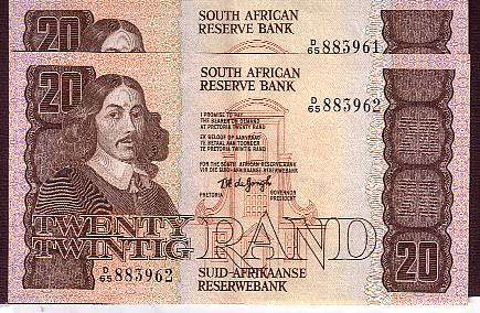 TW De Jongh  2X Twenty Rand Notes in  Sequence  D65  Prefix