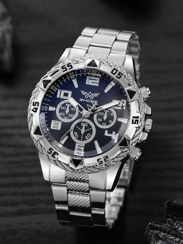 Men Silver Stainless Steel Round Dial Watch