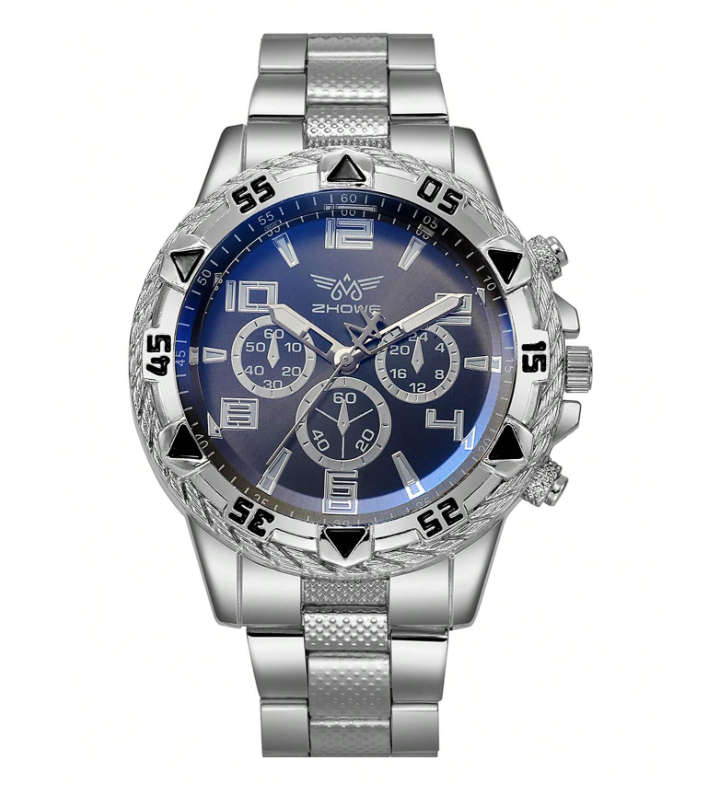 Men Silver Stainless Steel Round Dial Watch