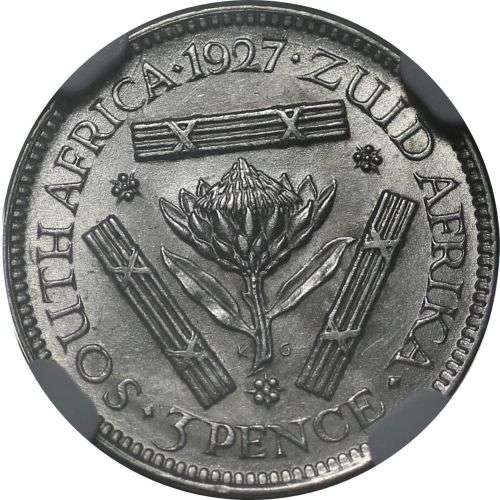 1927 UNION OF SOUTH AFRICA THREEPENCE GRADED BY NGC MS62
