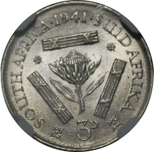 1941 UNION OF SOUTH AFRICA THREEPENCE GRADED BY NGC MS63