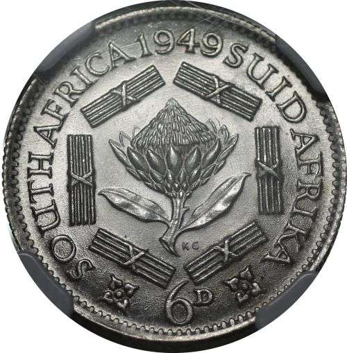 1949 UNION OF SOUTH AFRICA SIXPENCE GRADED MS62 BY NGC