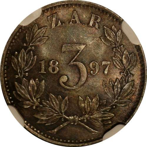 1897 ZAR (PAUL KRUGER) THREEPENCE GRADED MS63 BY NGC