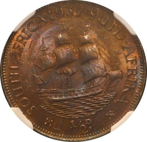 1937 UNION OF SOUTH AFRICA HALF PENNY GRADED BY NGC MS64BN