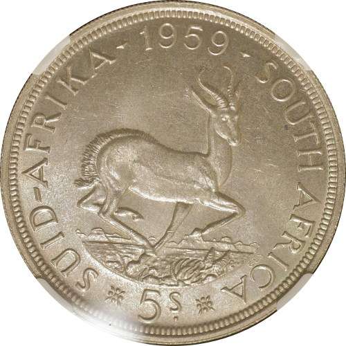 UNION OF SOUTH AFRICA 1959 FIVE SHILLINGS (5S) GRADED BY NGC MS63 (HARD COIN TO GET)