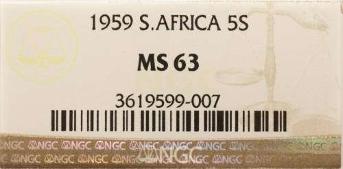UNION OF SOUTH AFRICA 1959 FIVE SHILLINGS (5S) GRADED BY NGC MS63 (HARD COIN TO GET)