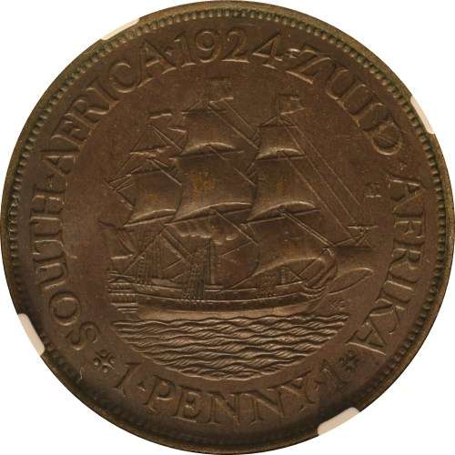 UNION OF SOUTH AFRICA 1924 PENNY GRADED MS62BN BY NGC