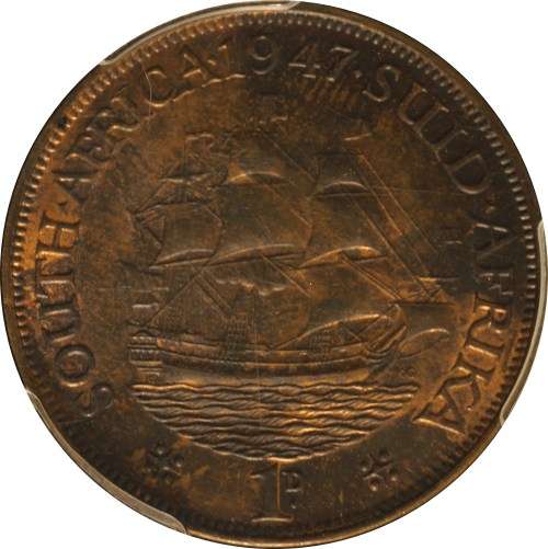 UNION OF SOUTH AFRICA 1947 PENNY GRADED MS64RB BY PCGS