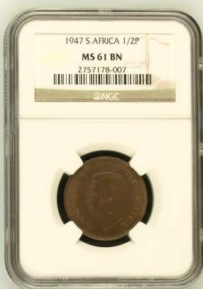 1947 UNION OF SOUTH AFRICA HALF PENNY GRADED MS61BN BY NGC
