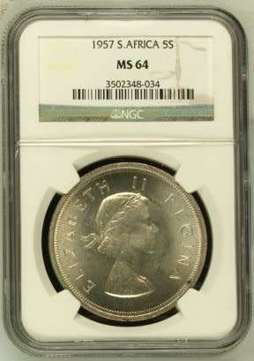 UNION OF SOUTH AFRICA 1957 FIVE SHILLINGS GRADED MS64 BY NGC