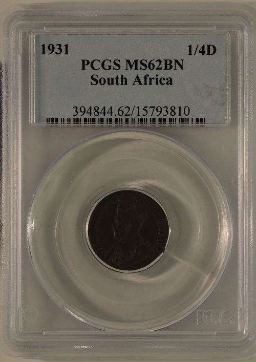 UNION OF SOUTH AFRICA 1931 FARTHING SCARCER "SUID"  VARIETY GRADED MS62 BY PCGS