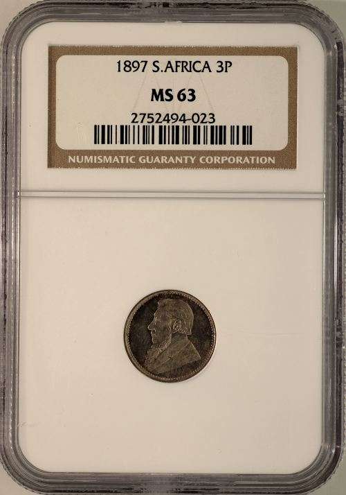 PAUL KRUGER ZAR 1897 THREEPENCE GRADED MS63 BY NGC