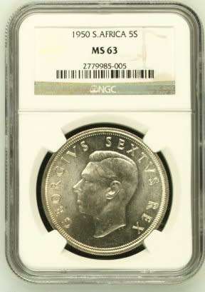 UNION OF SOUTH AFRICA 1950 FIVE SHILLINGS GRADED MS63 BY NGC