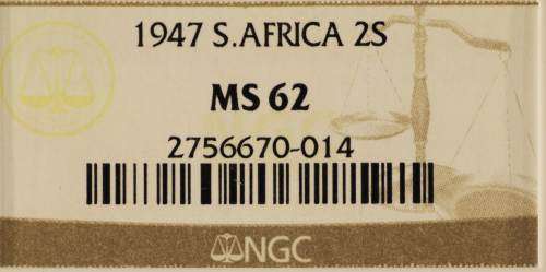 UNION OF SOUTH AFRICA 1947 TWO SHILLINGS GRADED MS62 BY NGC (VERY DIFFICULT COIN TO GET IN MS)