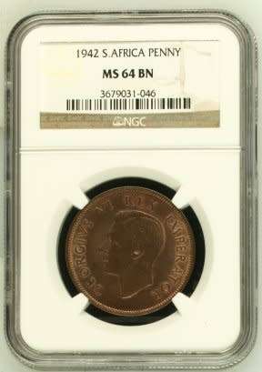 UNION OF SOUTH AFRICA 1942 PENNY GRADED MS64 BN BY NGC
