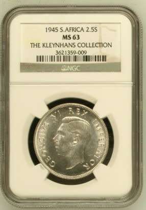 UNION OF SOUTH AFRICA 1945 HALFCROWN GRADED MS63 BY NGC