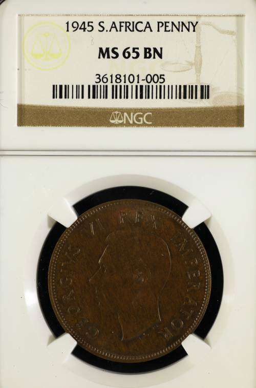 UNION OF SOUTH AFRICA 1945 PENNY GRADED MS65 BN BY NGC