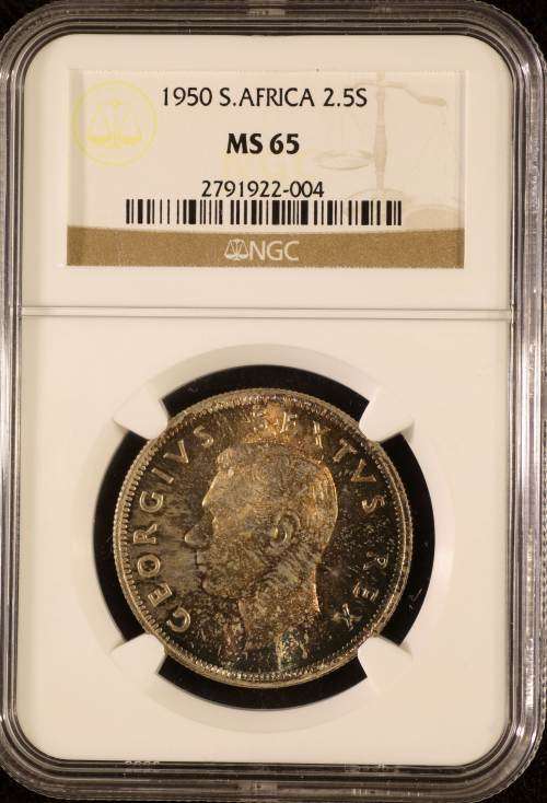 "TOP POP" UNION OF SOUTH AFRICA 1950 HALFCROWN GRADED MS65 BY NGC
