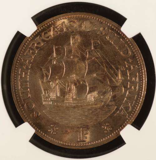 "TOP POP" COIN IN RED BROWN UNION OF SOUTH AFRICA 1947 PENNY GRADED MS65 RB BY NGC