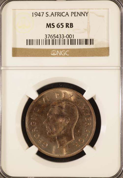 "TOP POP" COIN IN RED BROWN UNION OF SOUTH AFRICA 1947 PENNY GRADED MS65 RB BY NGC