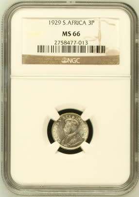 UNION OF SOUTH AFRICA 1929 THREEPENCE GRADED MS66 BY NGC