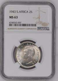 UNION OF SOUTH AFRICA 1943 TWO SHILLINGS GRADED MS63 BY NGC