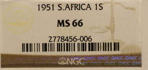 UNION OF SOUTH AFRICA 1951 SHILLING GRADED MS66 BY NGC TOP POP COIN AT NGC STAND ALONE FINEST KNOWN