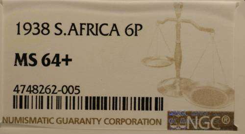 UNION OF SOUTH AFRICA 1938 SIXPENCE GRADED MS64+ BY NGC