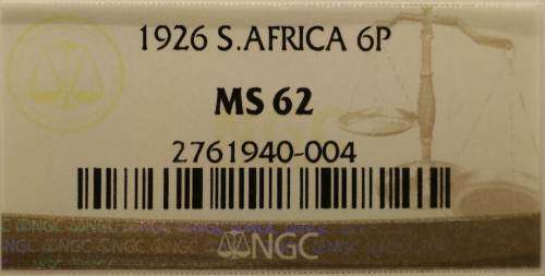 UNION OF SOUTH AFRICA 1926 SIXPENCE GRADED MS62 BY NGC