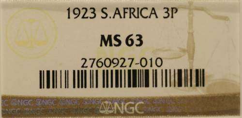 UNION OF SOUTH AFRICA 1923 THREEPENCE GRADED MS63 BY NGC