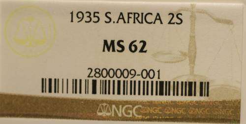 UNION OF SOUTH AFRICA 1935 TWO SHILLINGS GRADED MS62 BY NGC