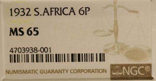 UNION OF SOUTH AFRICA 1932 SIXPENCE GRADED MS65 BY NGC (SECOND FINEST SHARING)