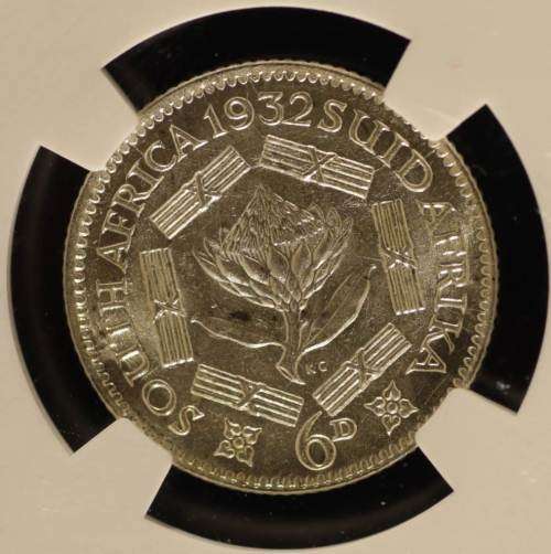 UNION OF SOUTH AFRICA 1932 SIXPENCE GRADED MS65 BY NGC (SECOND FINEST SHARING)