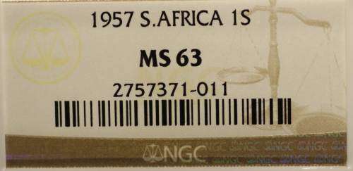 UNION OF SOUTH AFRICA 1957 SHILLING GRADED MS63 BY NGC