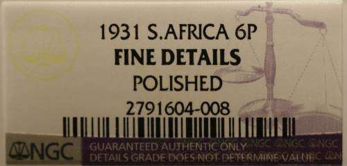 UNION OF SOUTH AFRICA 1931 SIXPENCE GRADED FINE DETAILS BY NGC