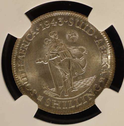 UNION OF SOUTH AFRICA 1943 SHILLING GRADED MS65+ BY NGC (SECOND FINEST KNOWN COIN AT NGC)