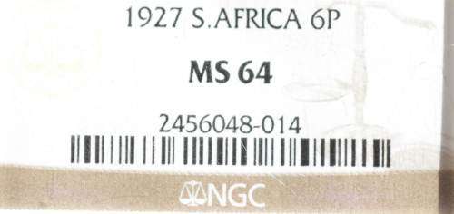 UNION OF SOUTH AFRICA 1927 SIXPENCE GRADED MS64 BY NGC