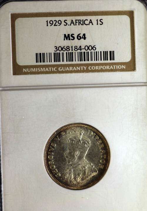 UNION OF SOUTH AFRICA 1929 SHILLING GRADED MS64 BY NGC