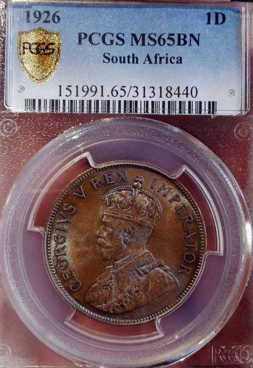 UNION OF SOUTH AFRICA 1926 PENNY GRADED MS65B BY PCGS (TOP POP COIN AT PCGS)